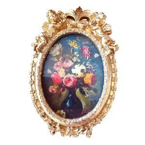 Bright Gold Tone Cherub Ornate 5"x7" Oval Frame W